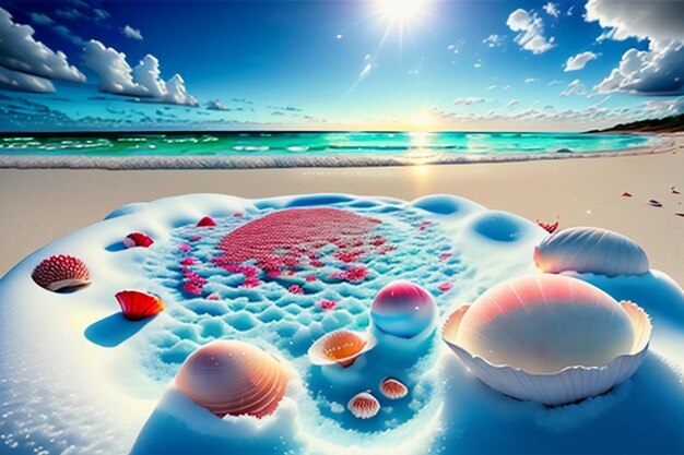 Blue sea waves at dusk sunrise sunset with rose flowers pink shells conch sea salt on sandy beach