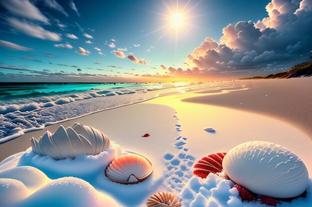 Blue sea waves at dusk sunrise sunset with rose flowers pink shells conch sea salt on sandy beach