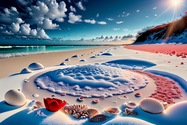 Blue sea waves at dusk sunrise sunset with rose flowers pink shells conch sea salt on sandy beach