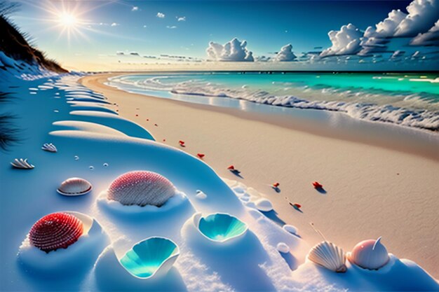 Blue sea waves at dusk sunrise sunset with rose flowers pink shells conch sea salt on sandy beach