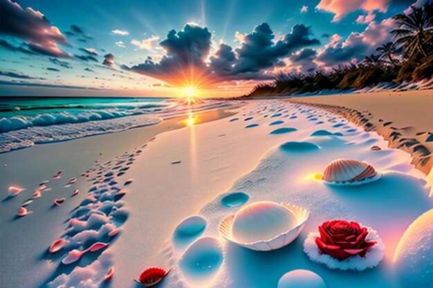 Blue sea waves at dusk sunrise sunset with rose flowers pink shells conch sea salt on sandy beach