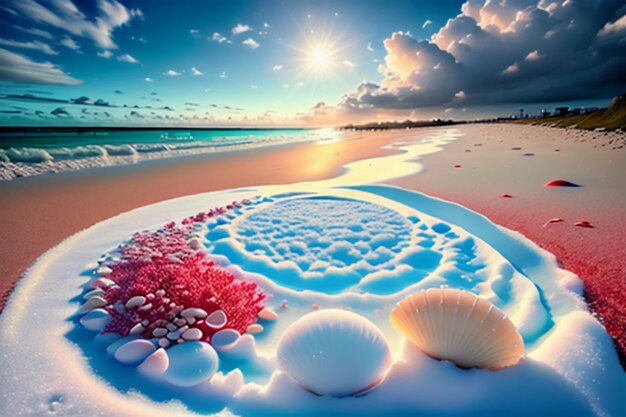 Blue sea waves at dusk sunrise sunset with rose flowers pink shells conch sea salt on sandy beach