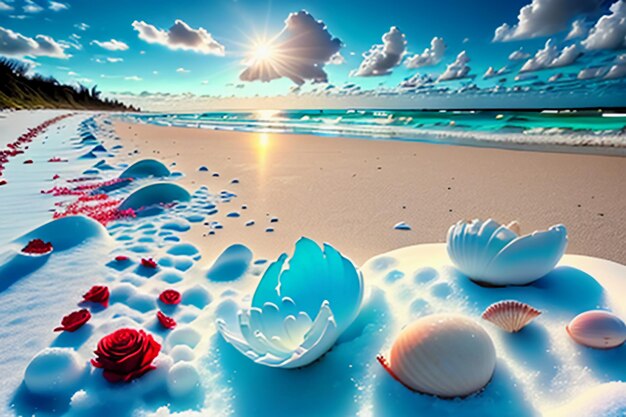 Blue sea waves at dusk sunrise sunset with rose flowers pink shells conch sea salt on sandy beach