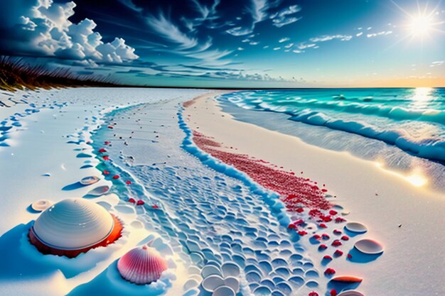 Blue sea waves at dusk sunrise sunset with rose flowers pink shells conch sea salt on sandy beach