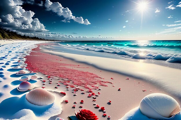 Blue sea waves at dusk sunrise sunset with rose flowers pink shells conch sea salt on sandy beach