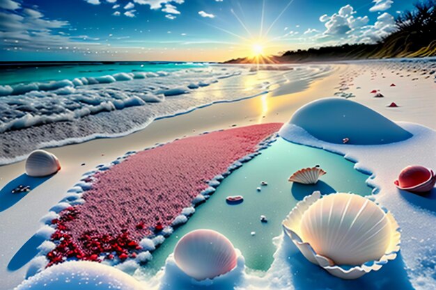 Blue sea waves at dusk sunrise sunset with rose flowers pink shells conch sea salt on sandy beach