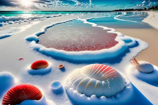 Blue sea waves at dusk sunrise sunset with rose flowers pink shells conch sea salt on sandy beach