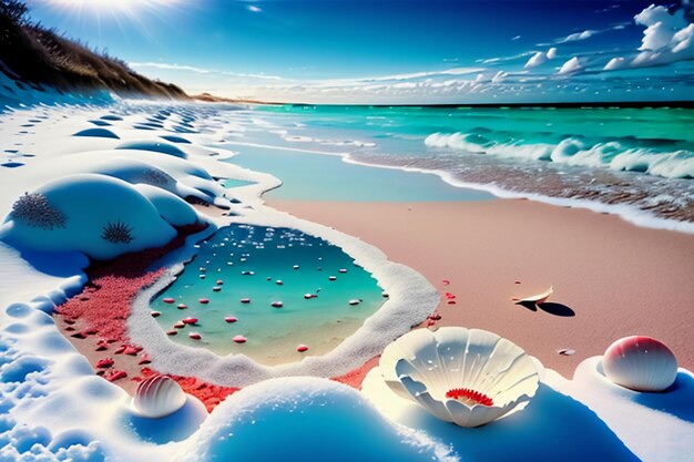 Blue sea waves at dusk sunrise sunset with rose flowers pink shells conch sea salt on sandy beach