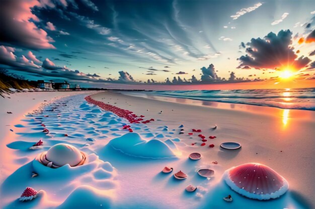 Blue sea waves at dusk sunrise sunset with rose flowers pink shells conch sea salt on sandy beach