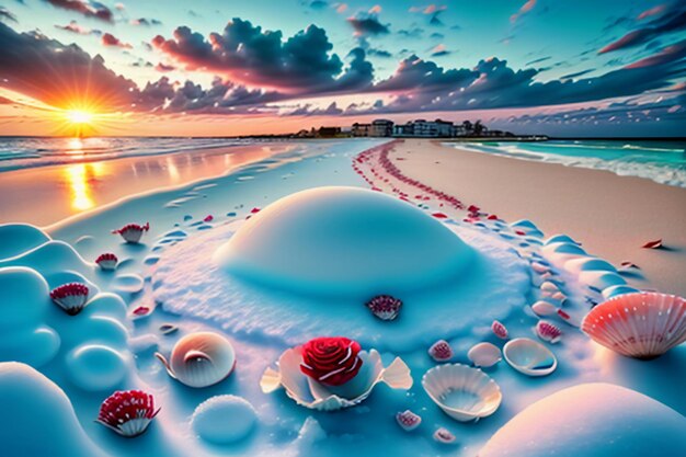 Blue sea waves at dusk sunrise sunset with rose flowers pink shells conch sea salt on sandy beach