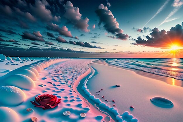 Blue sea waves at dusk sunrise sunset with rose flowers pink shells conch sea salt on sandy beach