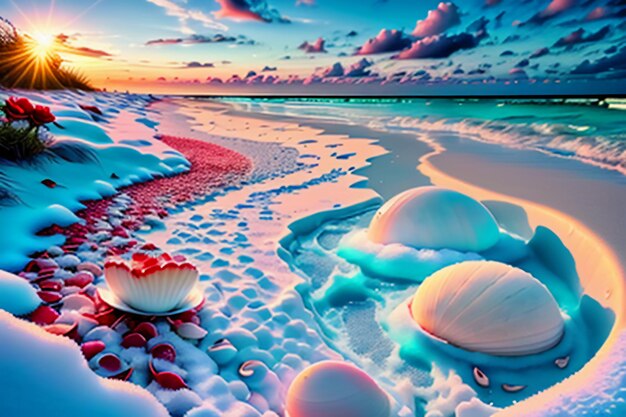 Blue sea waves at dusk sunrise sunset with rose flowers pink shells conch sea salt on sandy beach