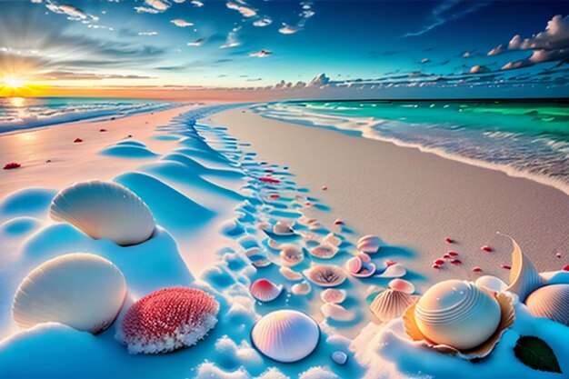 Blue sea waves at dusk sunrise sunset with rose flowers pink shells conch sea salt on sandy beach