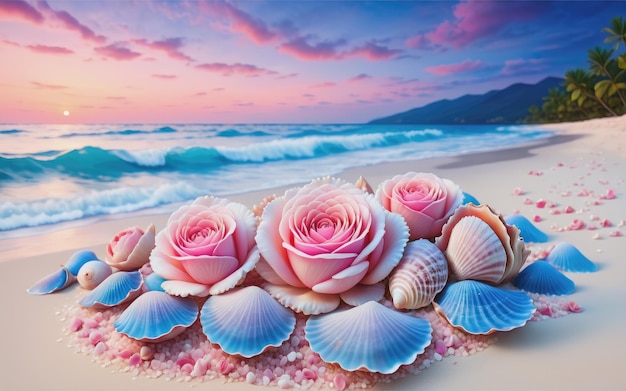 Blue sea waves at dusk sunrise sunset with rose flowers pink shells conch sea salt on sandy beach