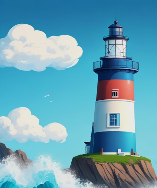 青い海の波灯台空雲イラスト