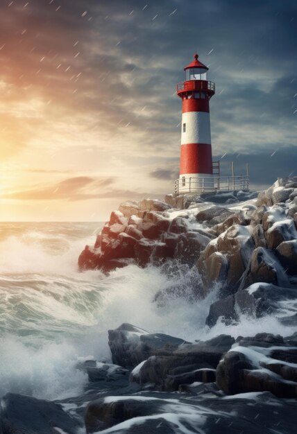 blue sea in the winter landscape background lighthouse