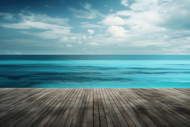 Blue sea and a wooden pier with a blue sky and clouds