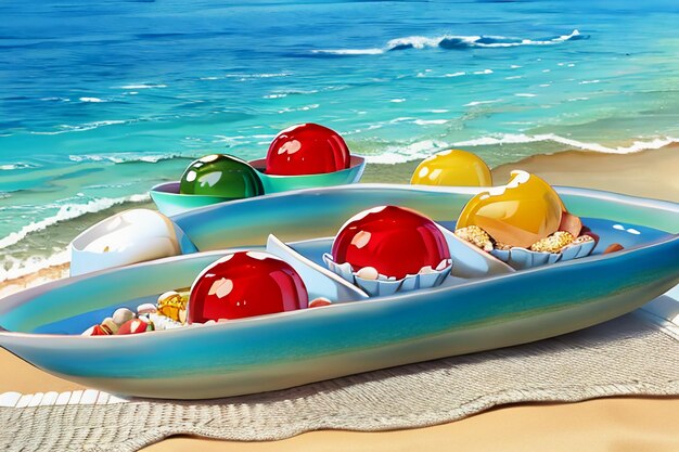 Blue sea yellow beach natural scenery background fruit plate decoration wallpaper illustration