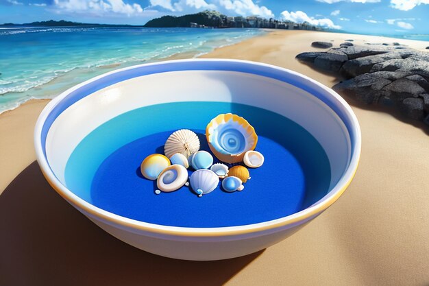 Blue sea yellow beach natural scenery background fruit plate decoration wallpaper illustration