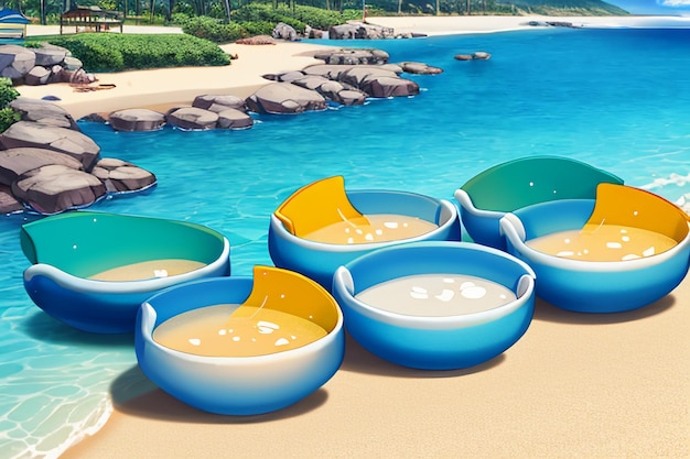 Blue sea yellow beach natural scenery background fruit plate decoration wallpaper illustration