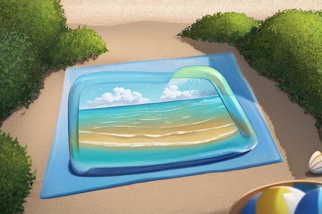 青い海黄色のビーチの自然の風景の背景フルーツ プレートの装飾壁紙イラスト