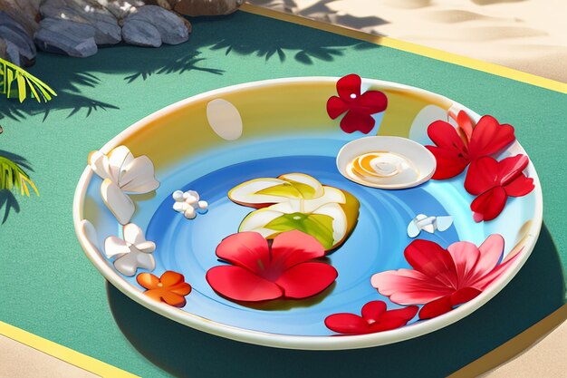 Blue sea yellow beach natural scenery background fruit plate decoration wallpaper illustration