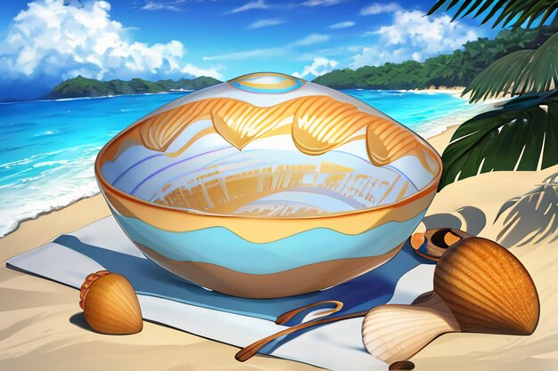 Blue sea yellow beach natural scenery background fruit plate decoration wallpaper illustration