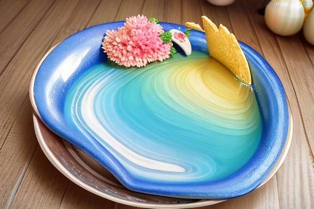 Foto mare blu spiaggia gialla paesaggio naturale sfondo piatto di frutta decorazione carta da parati illustrazione