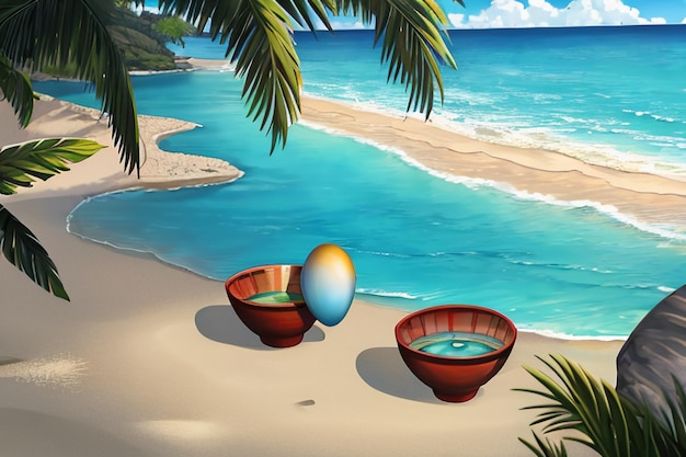 青い海 黄色いビーチ 自然の風景 背景 フルーツの皿 装飾 壁紙 イラスト