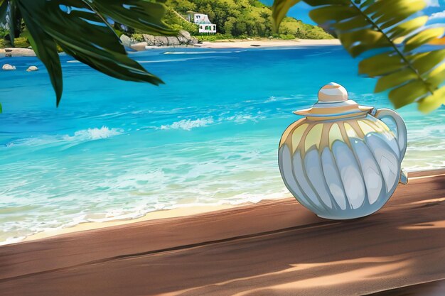 青い海 黄色いビーチ 自然の風景 背景 フルーツの皿 装飾 壁紙 イラスト
