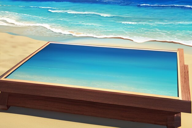 青い海黄色のビーチの自然の風景の背景フルーツ プレートの装飾壁紙イラスト