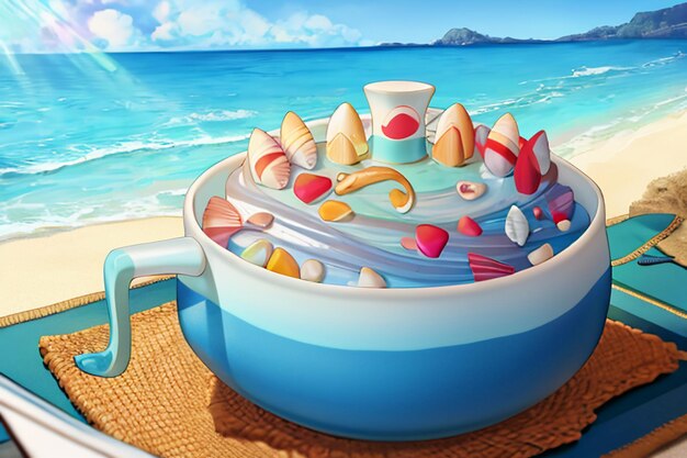 Blue sea yellow beach natural scenery background fruit plate decoration wallpaper illustration