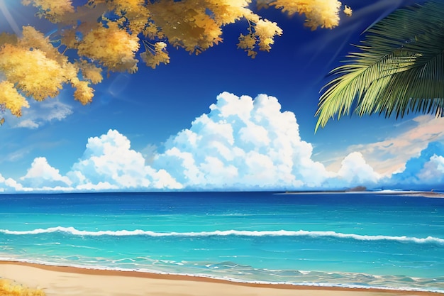 Blue sea yellow beach natural scenery background fruit plate decoration wallpaper illustration