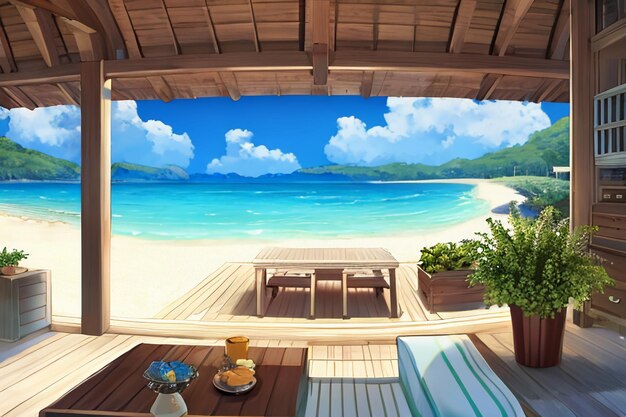 Blue sea yellow beach natural scenery background fruit plate decoration wallpaper illustration