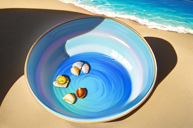 푸른 바다 노란 해변 자연 풍경 배경 과일 접시 장식 벽지 그림