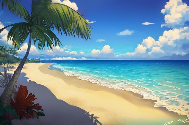 Blue sea yellow beach natural scenery background fruit plate decoration wallpaper illustration