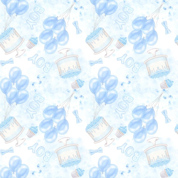 Blue seamless pattern boy balloons watercolor illustration isolated baby shower children039s holiday