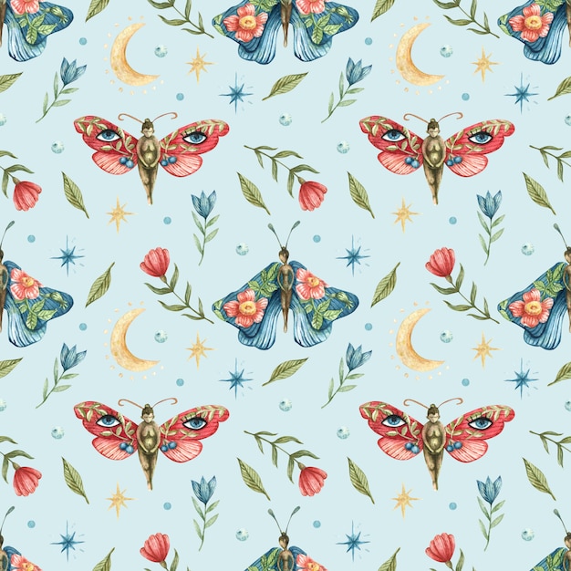 Blue seamless pattern with the image of flowers, red and blue butterflies-girls, the moon and stars