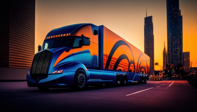 A blue semi truck with the word peterbilt on the side of the road