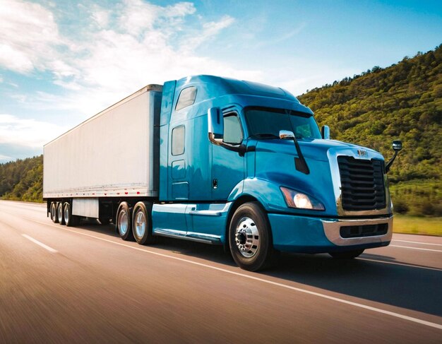 a blue semi truck with the word quot on the side