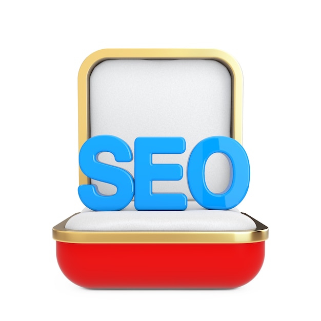 Blue SEO Sign Letters in the Red Gift Box on a white background. 3d Rendering