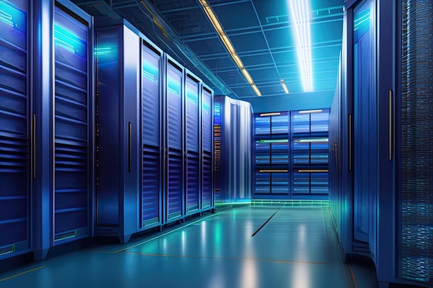 A blue server room with a blue floor and blue lights.