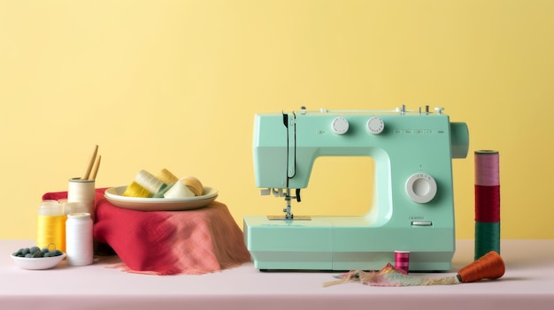 A blue sewing machine with pills in the background