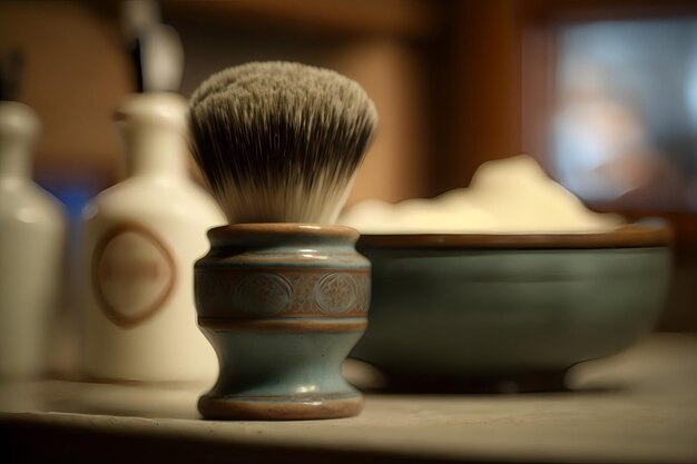 A blue shaving brush with a gold trim sits on a table next to a bowl.