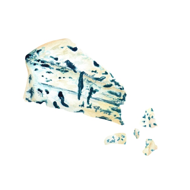 Blue sheese as Gorgonzola Roquefort piece with crumbs Watercolor food illustration isolated on white