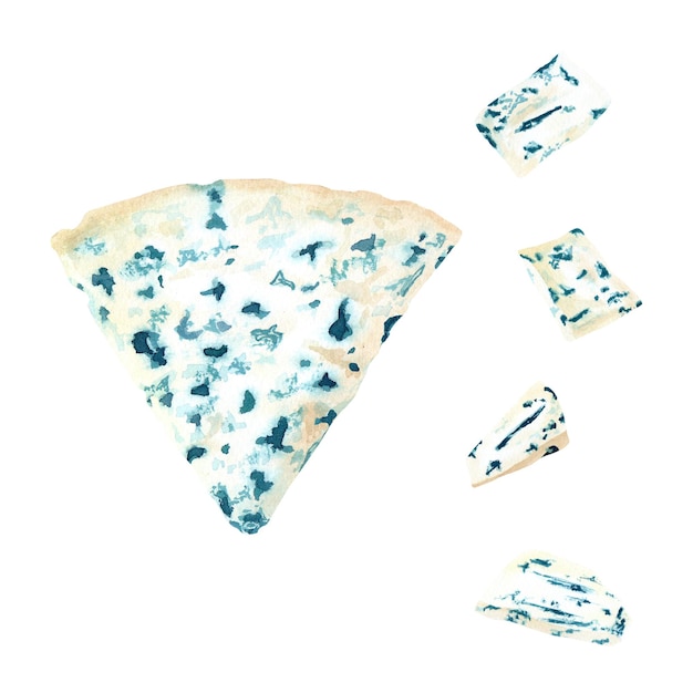 Blue sheese triangle and slices set Watercolor food illustration isolated on white