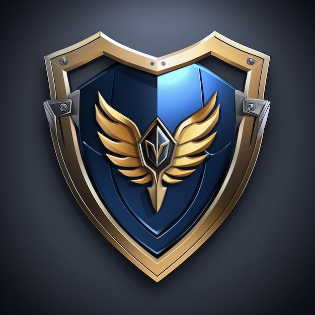 Photo a blue shield with a gold wings on it