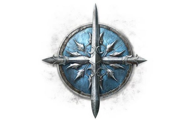 a blue shield with a sword