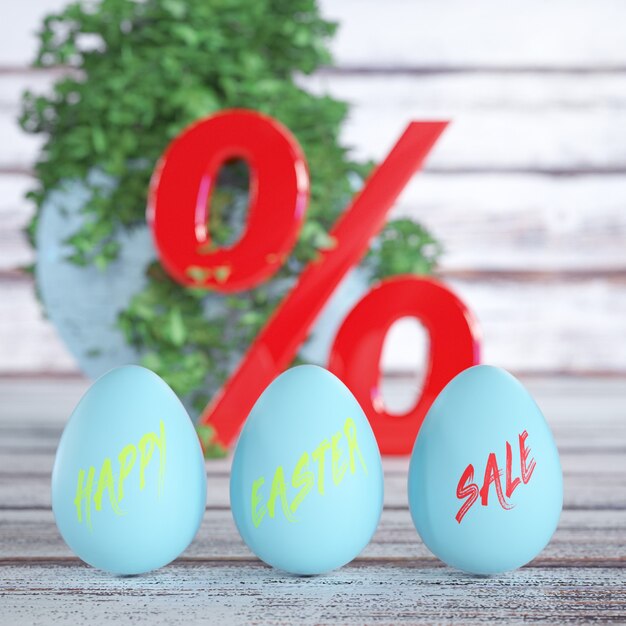 Blue Shiny Easter Eggs with Happy Easter Sale Sign with Red Percent Sign on a Wooden Board Table extreme closeup . 3d Rendering