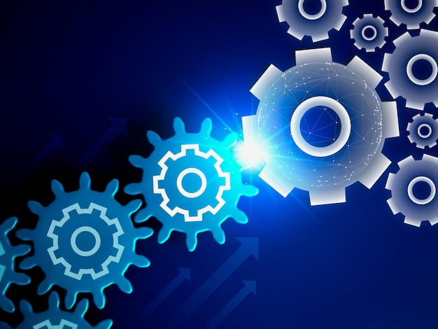 Blue shiny light bulb on digital gear wheels graphic icon connected with real gear cog wheels with rising arrows on blue background Business strategy management technology and solution concepts